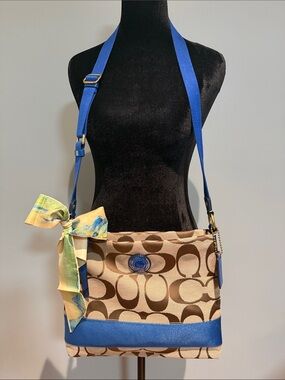 Coach Beige Signature Canvas Jacard Crossbody with Blue Strap and Trim NWOT